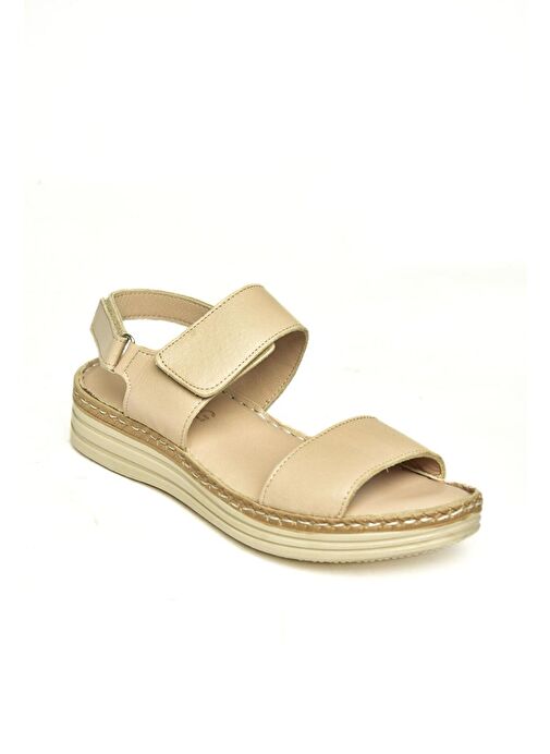 U555240603 Bej Hakiki Deri Kadın Sandalet - Görsel 7