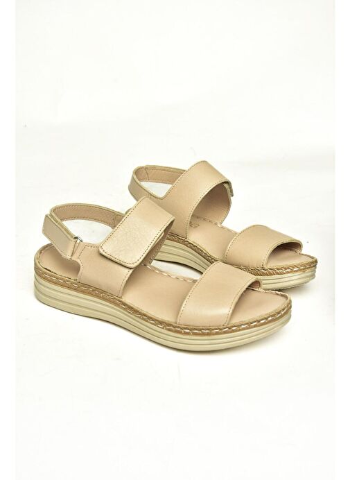 U555240603 Bej Hakiki Deri Kadın Sandalet - Görsel 8