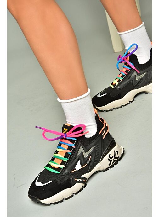 U602602502 Siyah Süet Kadın Spor Ayakkabı Sneakers - Görsel 3