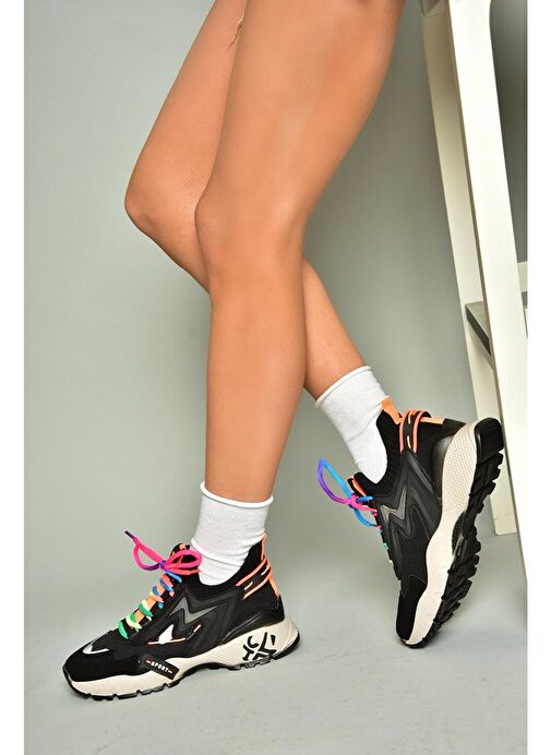 U602602502 Siyah Süet Kadın Spor Ayakkabı Sneakers - Görsel 4