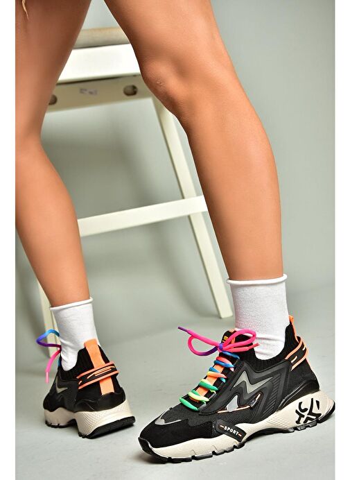 U602602502 Siyah Süet Kadın Spor Ayakkabı Sneakers - Görsel 6