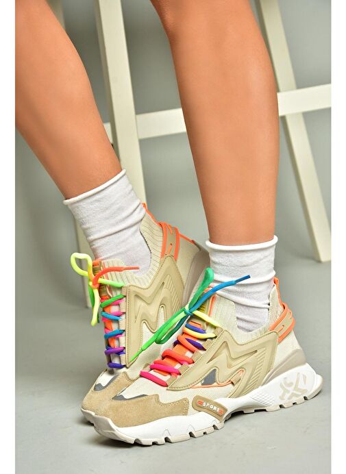 U602602502 Bej Süet Kadın Spor Ayakkabı Sneakers - Görsel 3