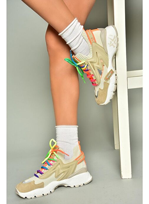 U602602502 Bej Süet Kadın Spor Ayakkabı Sneakers - Görsel 4