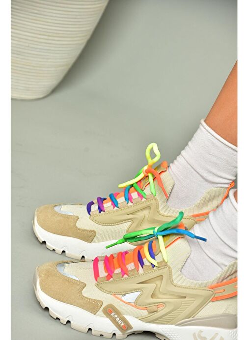 U602602502 Bej Süet Kadın Spor Ayakkabı Sneakers - Görsel 5