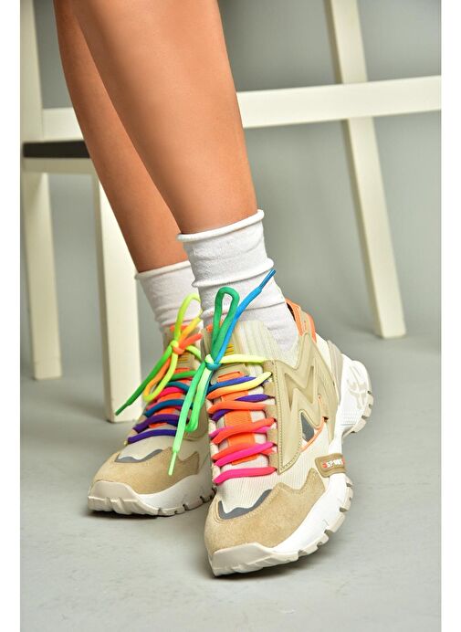 U602602502 Bej Süet Kadın Spor Ayakkabı Sneakers - Görsel 6