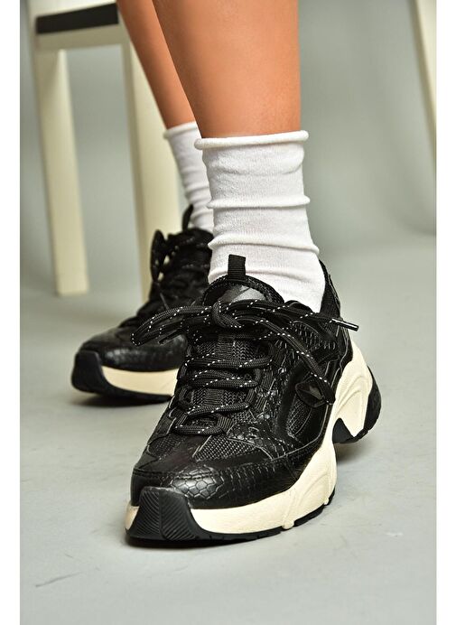 U312414209 Siyah Kalın Tabanlı Spor Ayakkabı Sneakers - Görsel 2