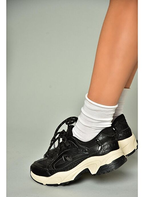U312414209 Siyah Kalın Tabanlı Spor Ayakkabı Sneakers - Görsel 3