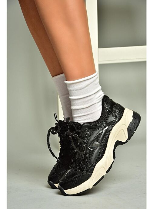 U312414209 Siyah Kalın Tabanlı Spor Ayakkabı Sneakers - Görsel 4