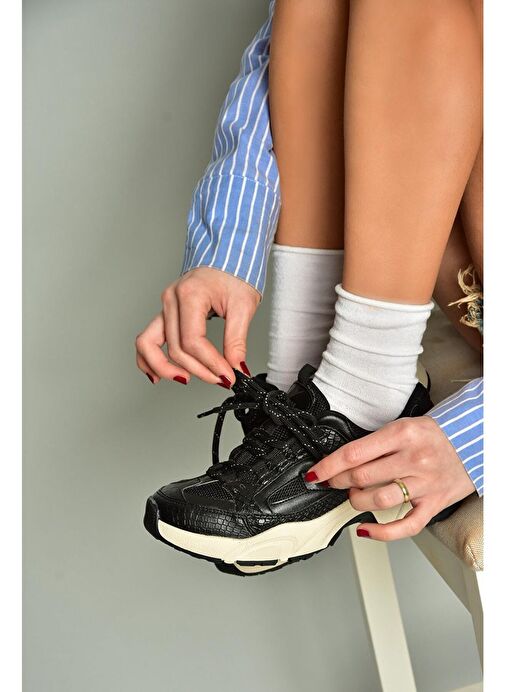 U312414209 Siyah Kalın Tabanlı Spor Ayakkabı Sneakers - Görsel 5