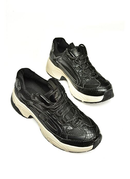 U312414209 Siyah Kalın Tabanlı Spor Ayakkabı Sneakers - Görsel 8
