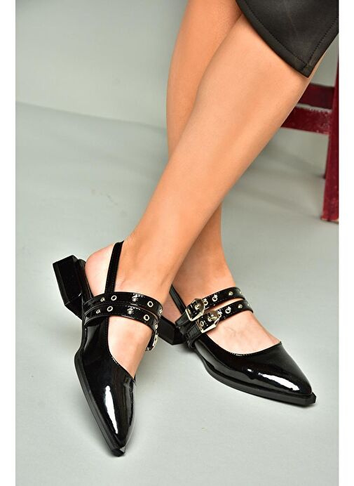 U518800604 Siyah Rugan Alçak Topuklu Kadın Ayakkabı - Görsel 5