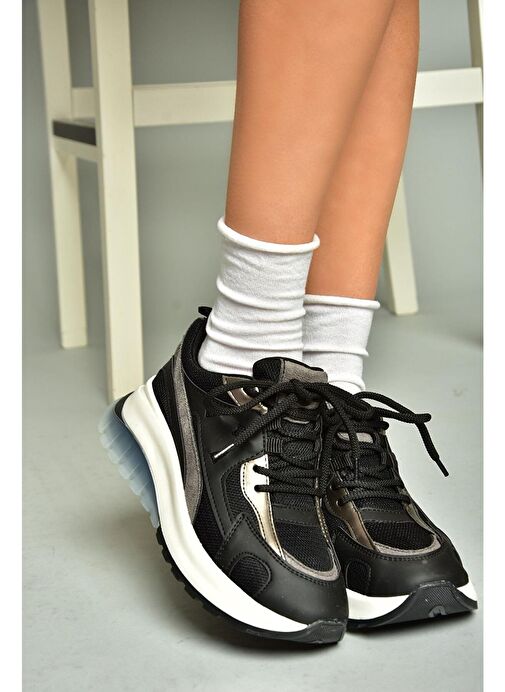 U973213809 Siyah Kalın Tabanlı Spor Ayakkabı Sneakers - Görsel 2