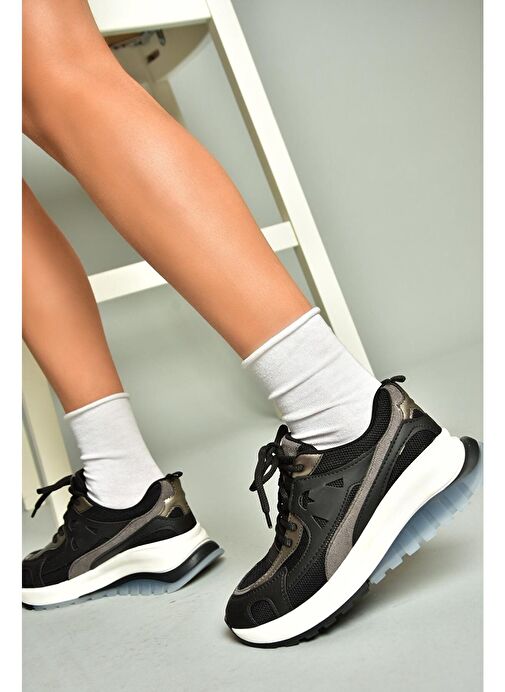 U973213809 Siyah Kalın Tabanlı Spor Ayakkabı Sneakers - Görsel 4