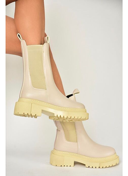 T652449009 Bej Kalın Tabanlı Kadın Bot - Görsel 3