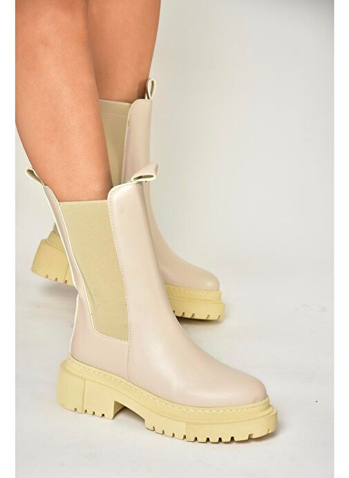 T652449009 Bej Kalın Tabanlı Kadın Bot - Görsel 4