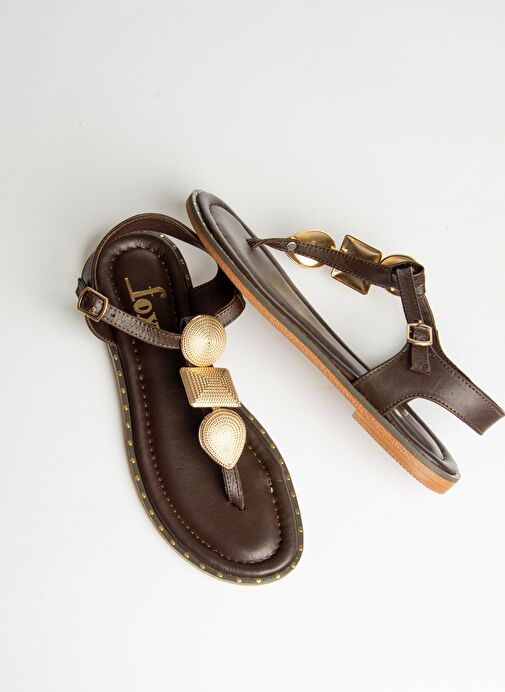 U291240003 Kahverengi Hakiki Deri Parmak Arası Sandalet - Görsel 6