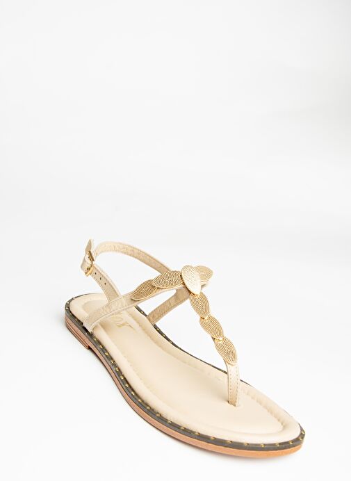 U291240103 Bej Hakiki Deri Parmak Arası Sandalet - Görsel 5