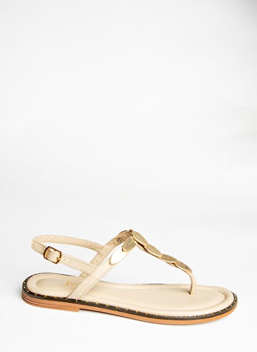 U291240103 Bej Hakiki Deri Parmak Arası Sandalet - Görsel 6