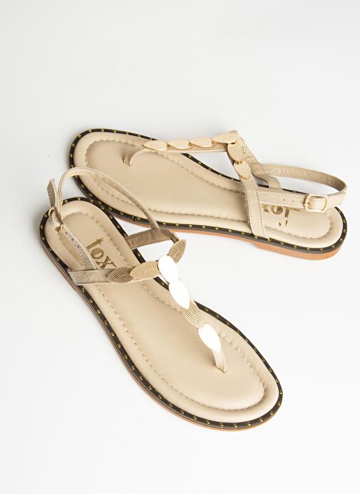 U291240103 Bej Hakiki Deri Parmak Arası Sandalet - Görsel 7