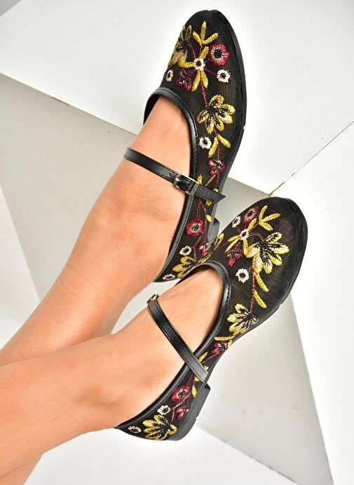 U267853215 Siyah File Çiçek Motifli Kadın Babet - Görsel 2