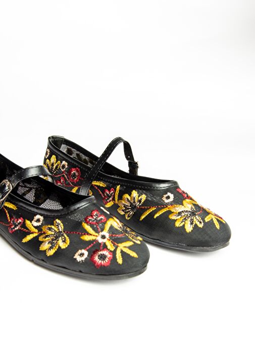 U267853215 Siyah File Çiçek Motifli Kadın Babet - Görsel 7