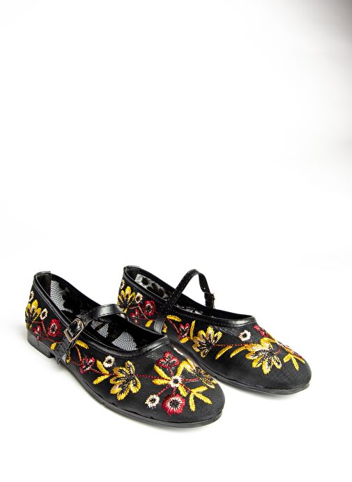 U267853215 Siyah File Çiçek Motifli Kadın Babet - Görsel 6