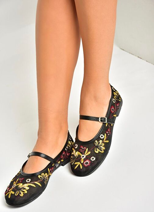 U267853215 Siyah File Çiçek Motifli Kadın Babet - Görsel 4