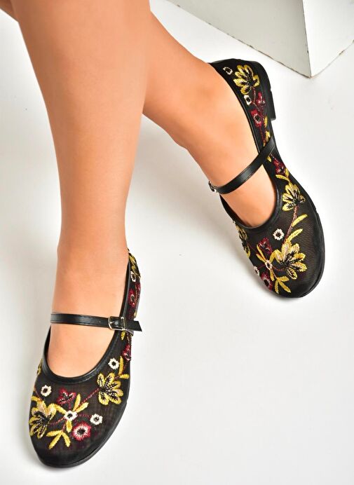 U267853215 Siyah File Çiçek Motifli Kadın Babet - Görsel 3