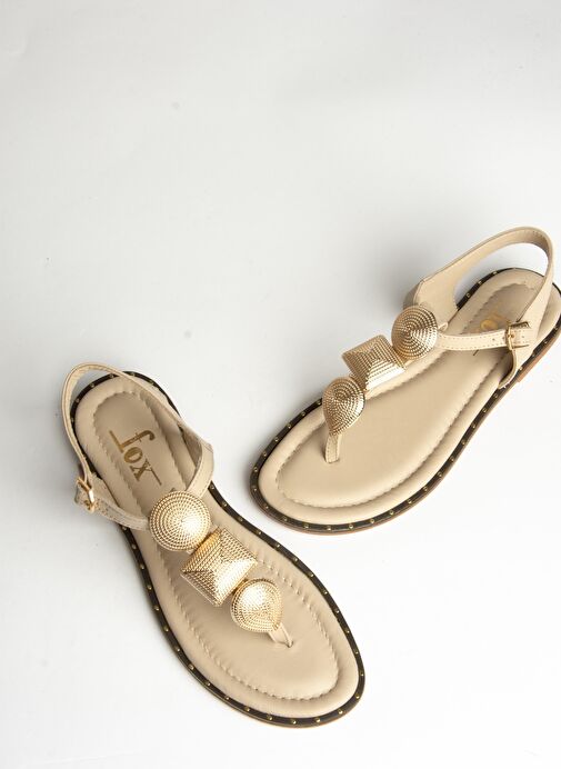 U291240003 Bej Hakiki Deri Parmak Arası Sandalet - Görsel 8