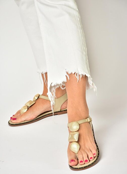 U291240003 Bej Hakiki Deri Parmak Arası Sandalet - Görsel 3