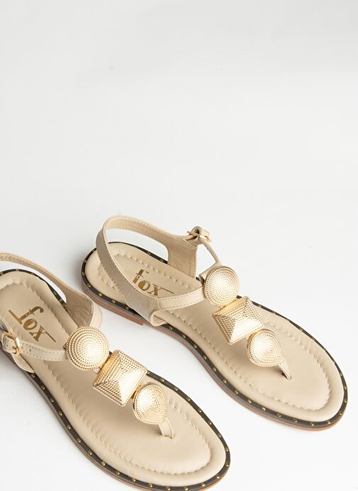 U291240003 Bej Hakiki Deri Parmak Arası Sandalet - Görsel 7