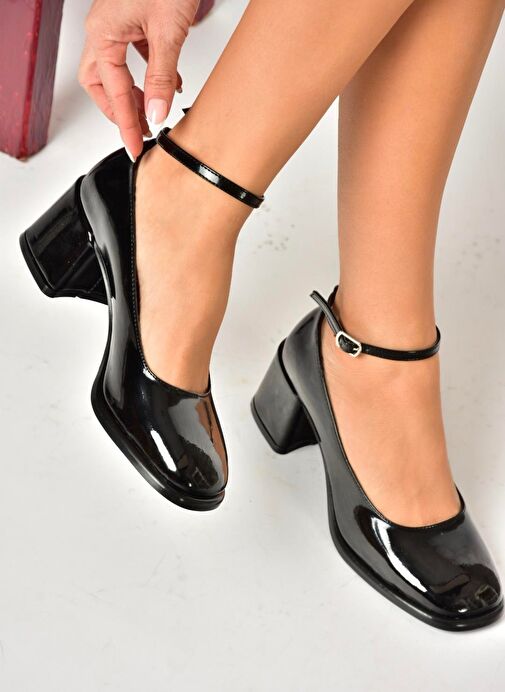 U518122108 Siyah Rugan Kalın Topuklu Kadın Ayakkabı - Görsel 4