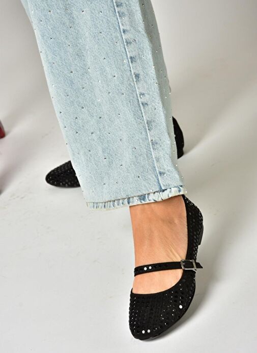 U726634504 Siyah Kumaş Taş Detaylı Babet - Görsel 5