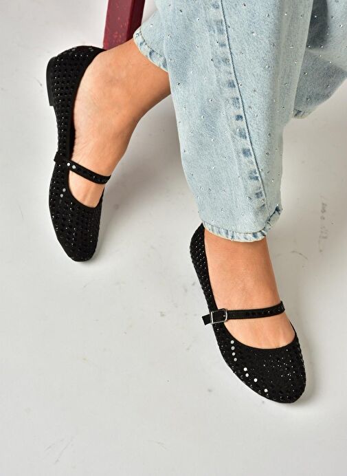 U726634504 Siyah Kumaş Taş Detaylı Babet - Görsel 3