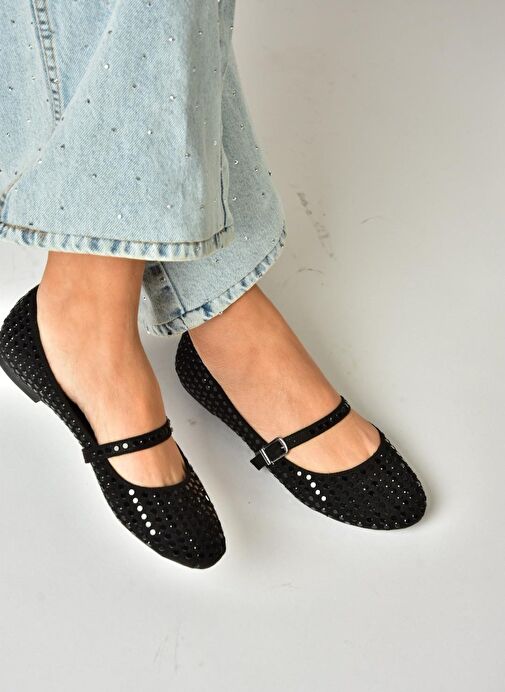 U726634504 Siyah Kumaş Taş Detaylı Babet - Görsel 4