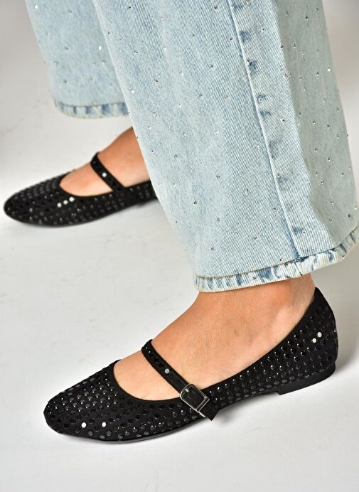 U726634504 Siyah Kumaş Taş Detaylı Babet - Görsel 2