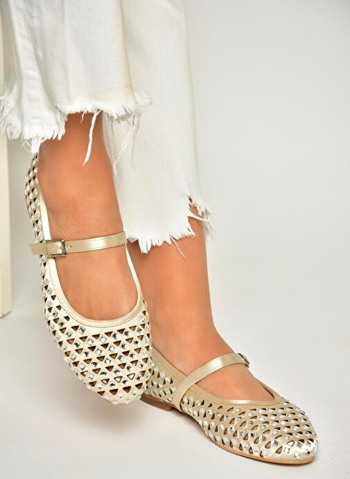 U725513204 Bej Kumaş Taş Detaylı Kadın Babet - Görsel 4