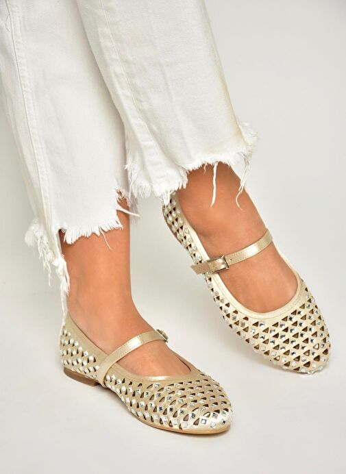 U725513204 Bej Kumaş Taş Detaylı Kadın Babet - Görsel 2