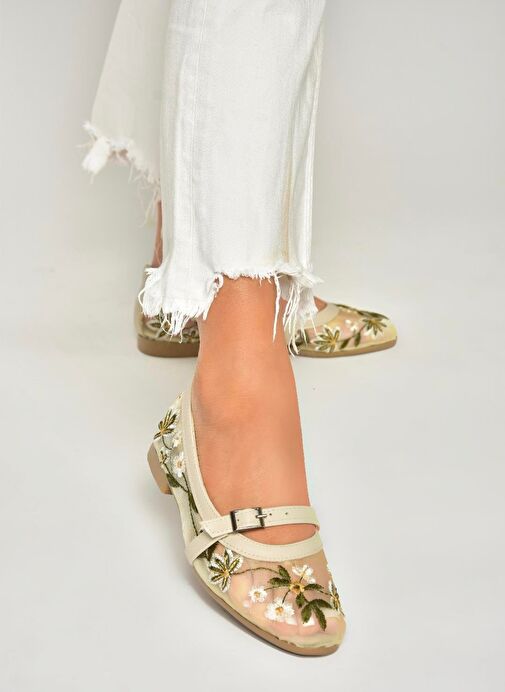 U241793015 Bej File Çiçek Motifli Kadın Babet - Görsel 4