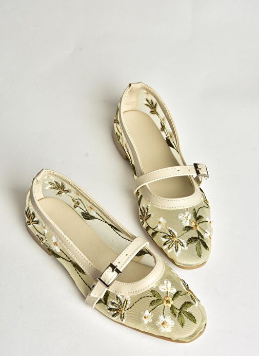 U241793015 Bej File Çiçek Motifli Kadın Babet - Görsel 8