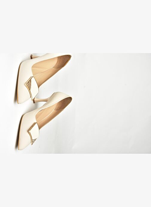 U820971104 Bej Kumaş İnce Topuklu Kadın Ayakkabı - Görsel 7