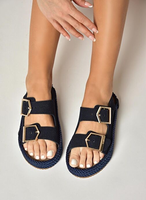 U596330302 Lacivert Süet Kadın Sandalet - Görsel 4