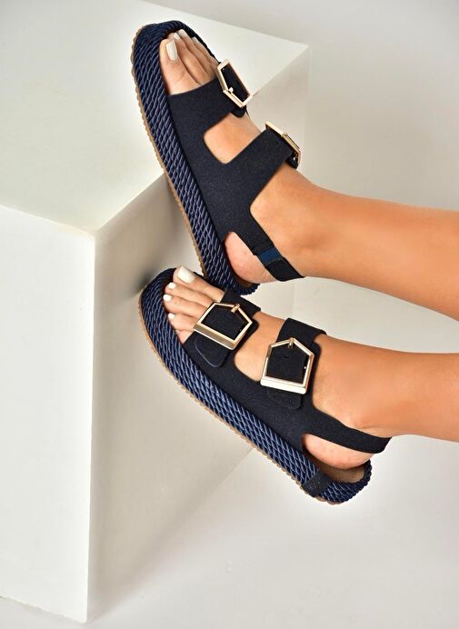 U596330302 Lacivert Süet Kadın Sandalet - Görsel 5