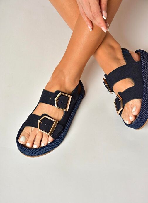 U596330302 Lacivert Süet Kadın Sandalet - Görsel 2