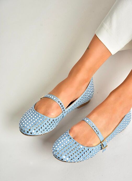 U726634504 Mavi Kot Kumaş Taş Detaylı Kadın Babet - Görsel 5