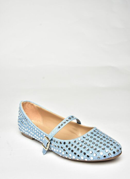 U726634504 Mavi Kot Kumaş Taş Detaylı Kadın Babet - Görsel 7