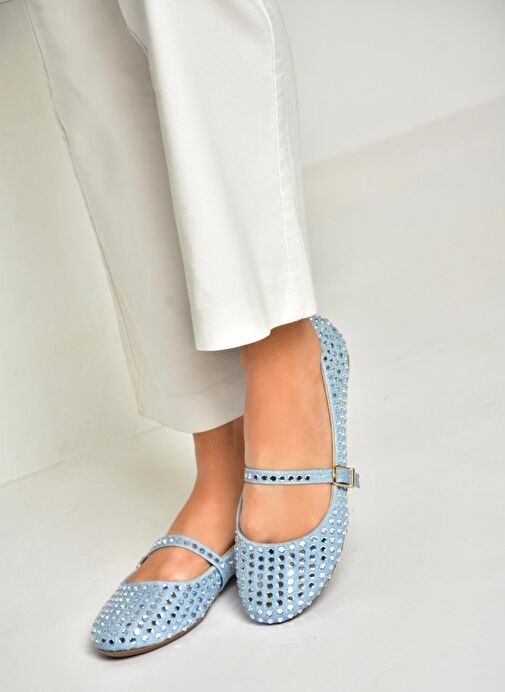 U726634504 Mavi Kot Kumaş Taş Detaylı Kadın Babet - Görsel 3