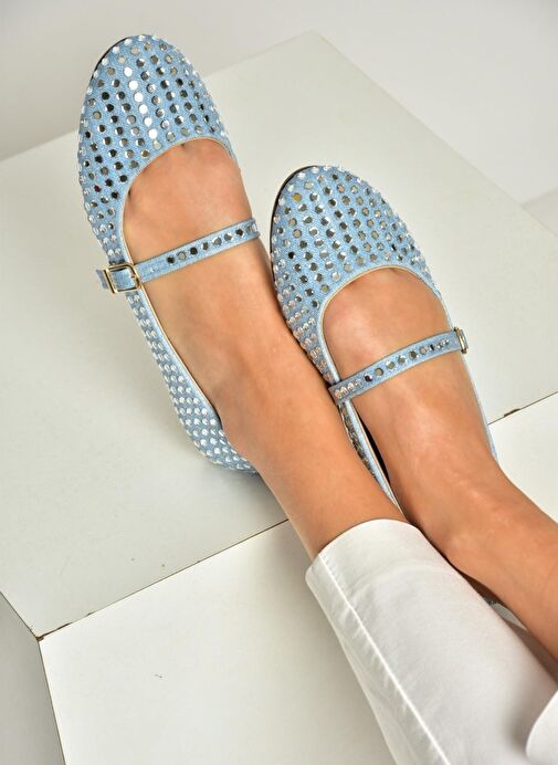 U726634504 Mavi Kot Kumaş Taş Detaylı Kadın Babet - Görsel 2