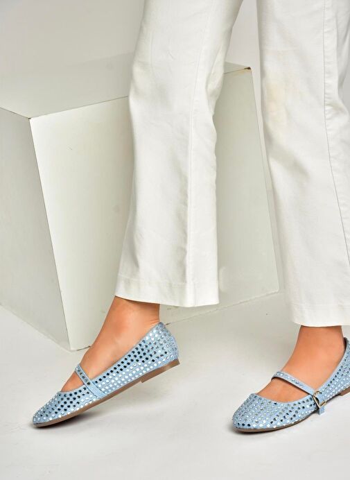 U726634504 Mavi Kot Kumaş Taş Detaylı Kadın Babet - Görsel 4