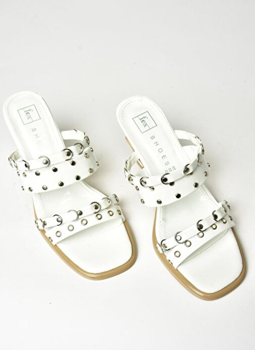 U518280408 Beyaz Rugan Kalın Topuklu Kadın Terlik - Görsel 9